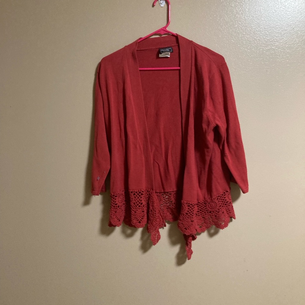 Southern Lady Red Crochet Hem Cardigan